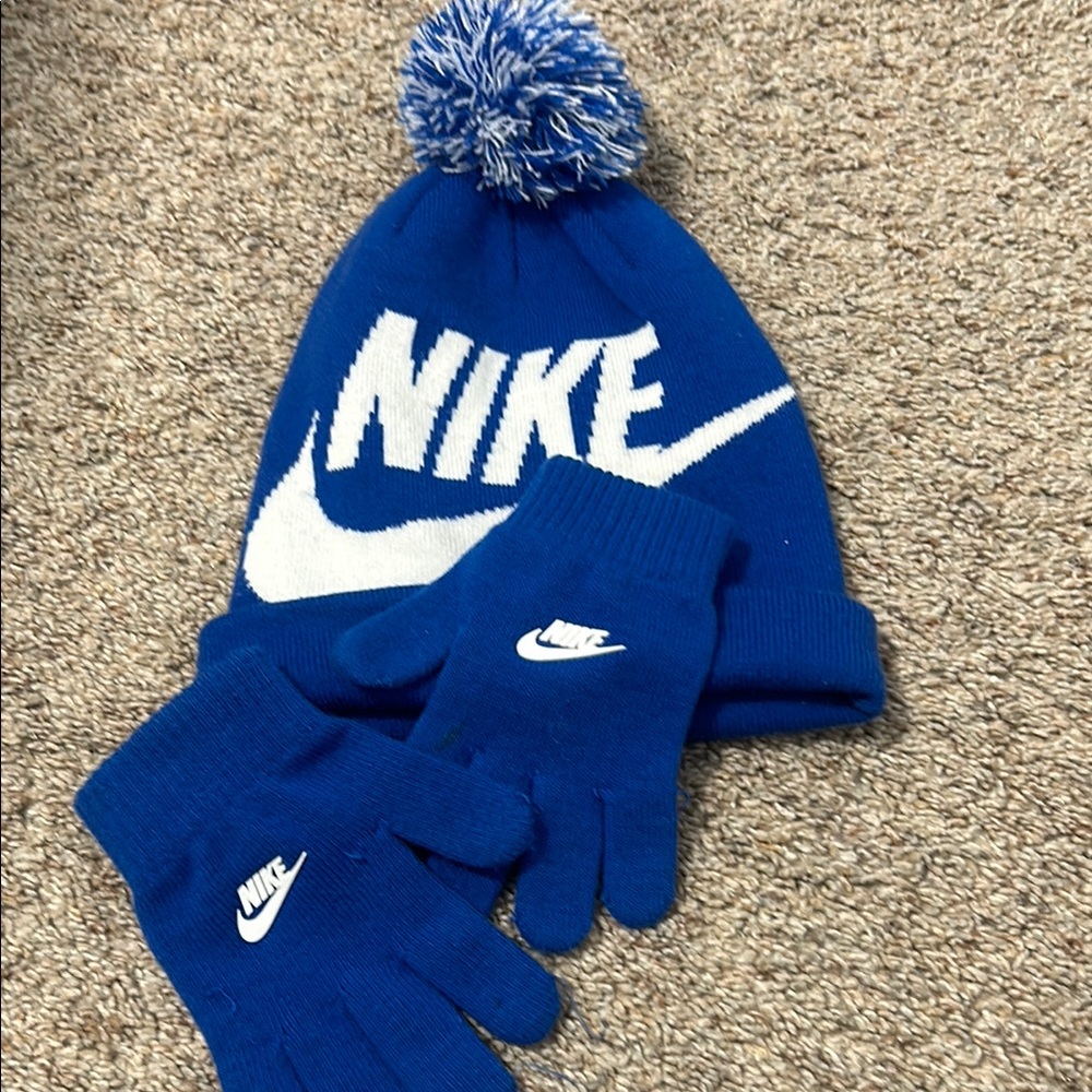 Nike Kids Blue Beanie and Gloves Set
